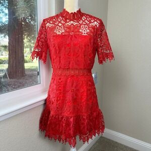 NWT Saylor Red Lace Mini Dress‎ Womens L High Neck Cocktail Party Elegant Flirty